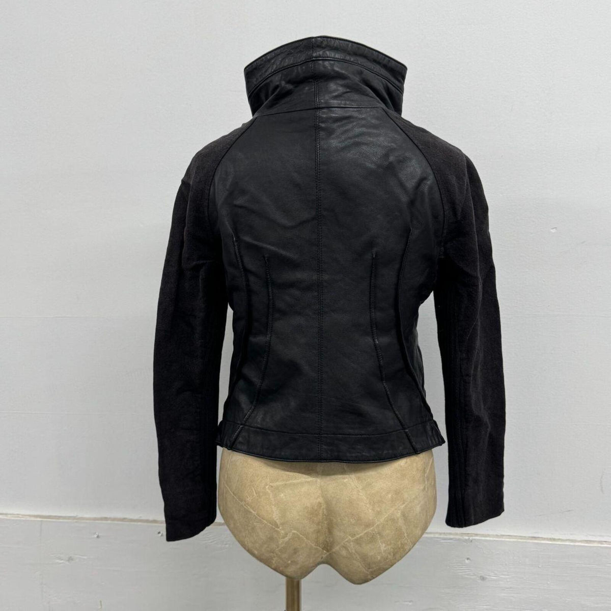 Vintage Black Funnel Neck Asymmetric Avant Garde Leather Jacket