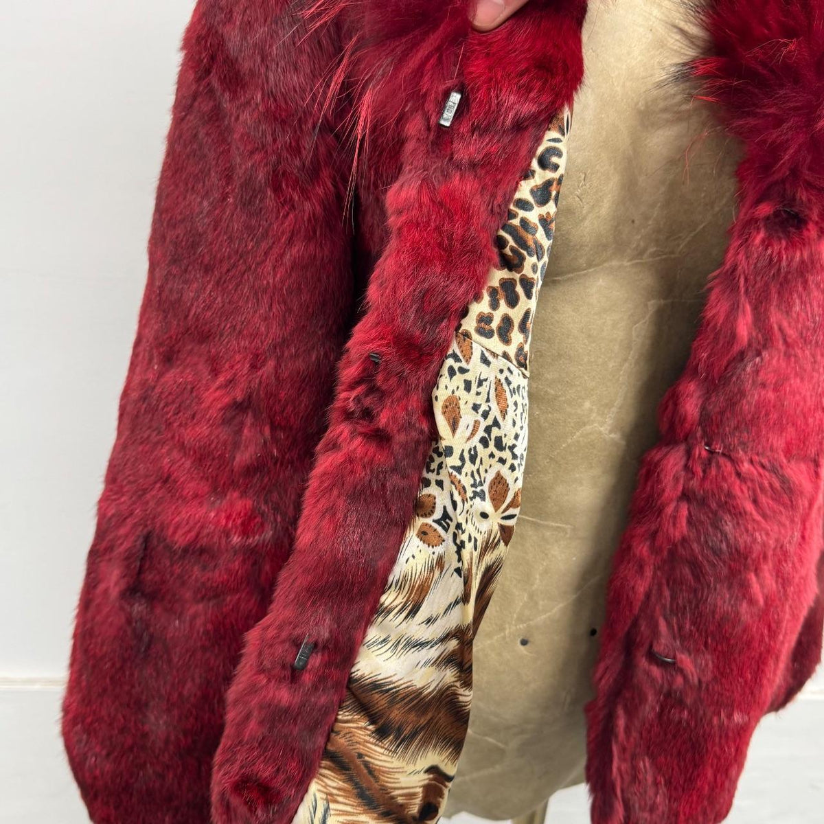 Vintage Burgundy Red Y2K Rabbit & Raccoon Fur Jacket Coat