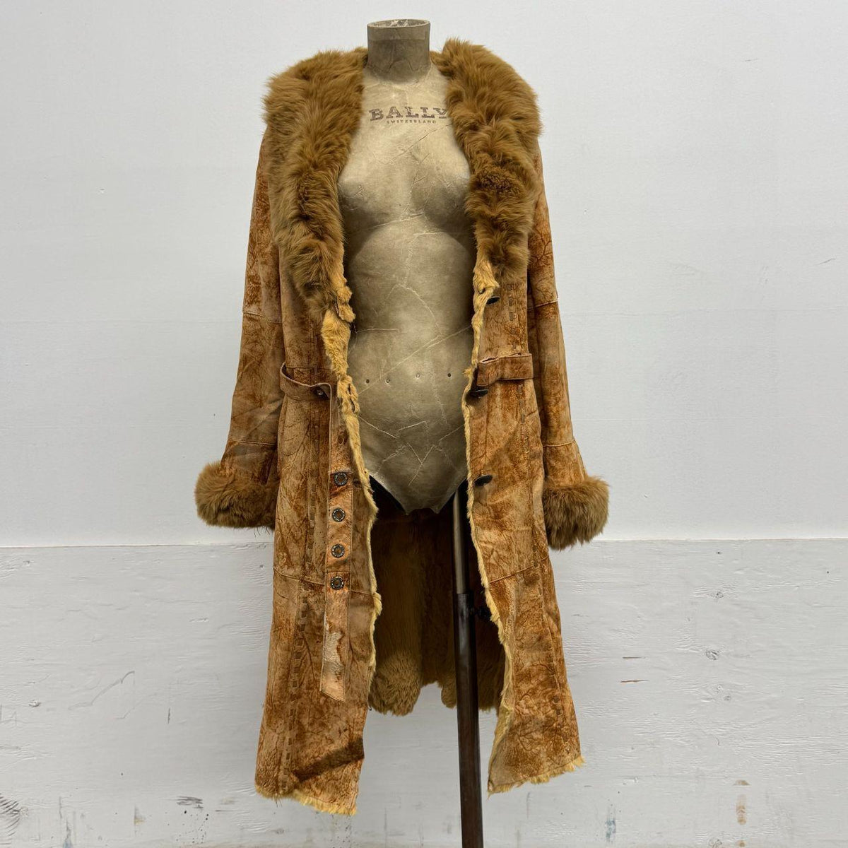 Vintage Y2K Penny Lane Suede Trench Coat w Fox Fur Collar Rabbit Lining