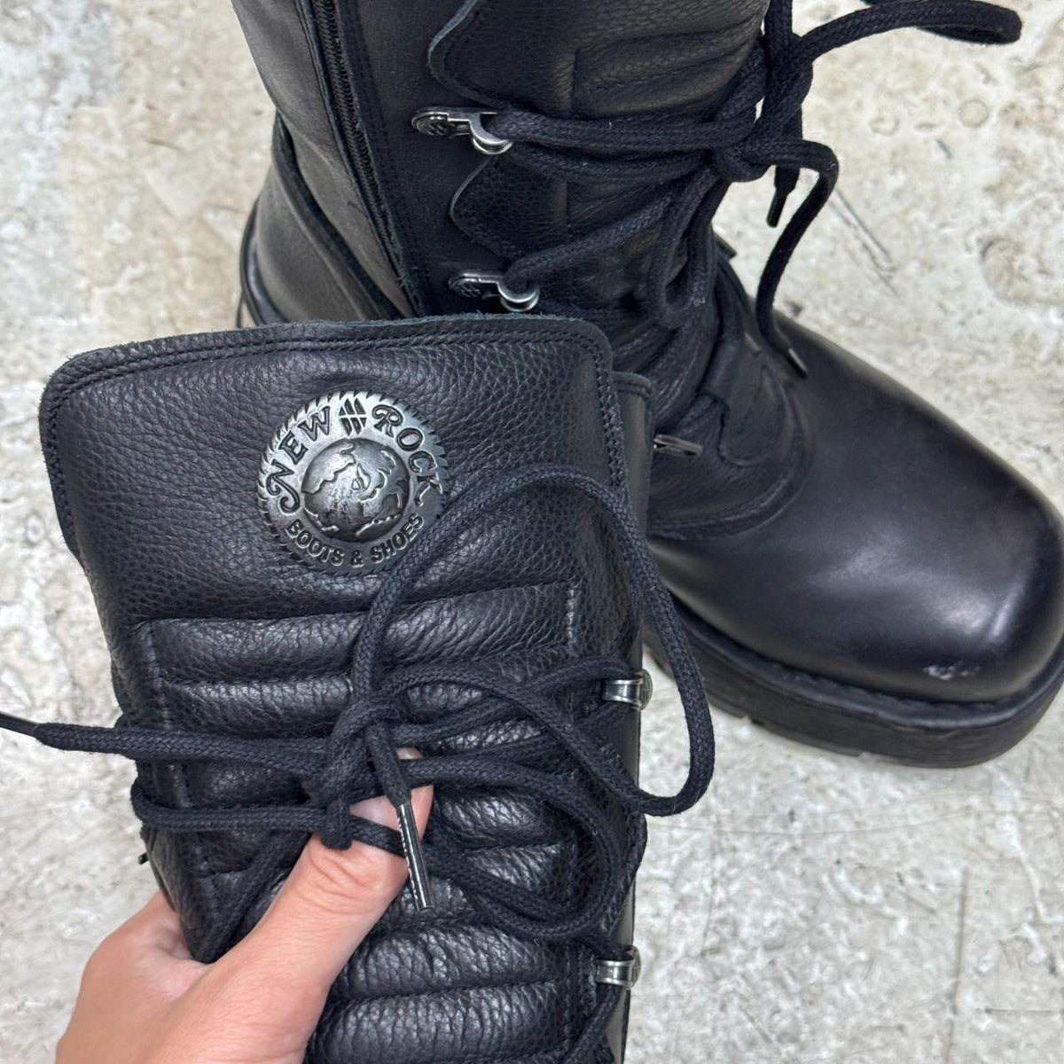 NWT New Rock Black Leather Metal Block Heel Buckle Platform Boots