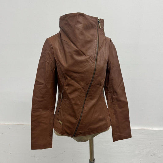 NWT Vintage ONLY Chestnut Leather Funnel Neck Jacket