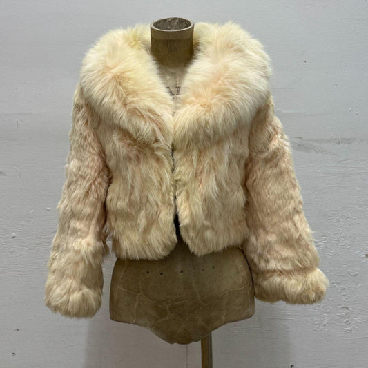 Y2K Vintage Cream Blush Pink Rabbit & Fox Fur Cropped Jacket Coat