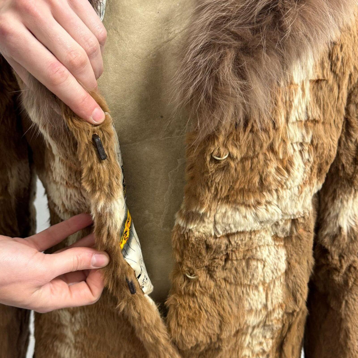 Vintage Cross Stripe Cognac Brown Rabbit & Fox Fur Jacket Coat