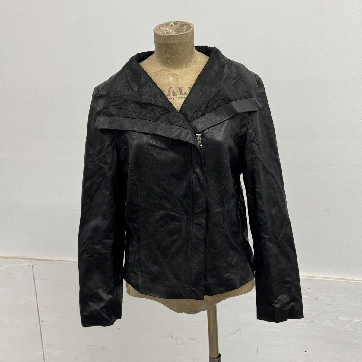 Vintage Black Funnel Neck Asymmetric Avant Garde Leather Jacket