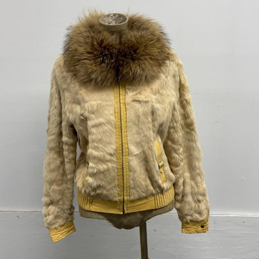 Vintage Y2K Cream Fur Bomber Jacket w Raccoon Fur Collar Yellow Coat
