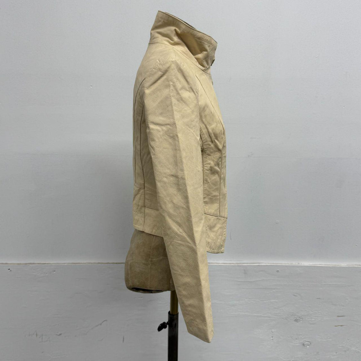 Vintage Cream Funnel Neck Asymmetric Avant Garde Leather Jacket