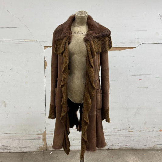 Y2K Vintage Stefanel Genuine Leather Suede & Rabbit Fur Brown Longline Jacket