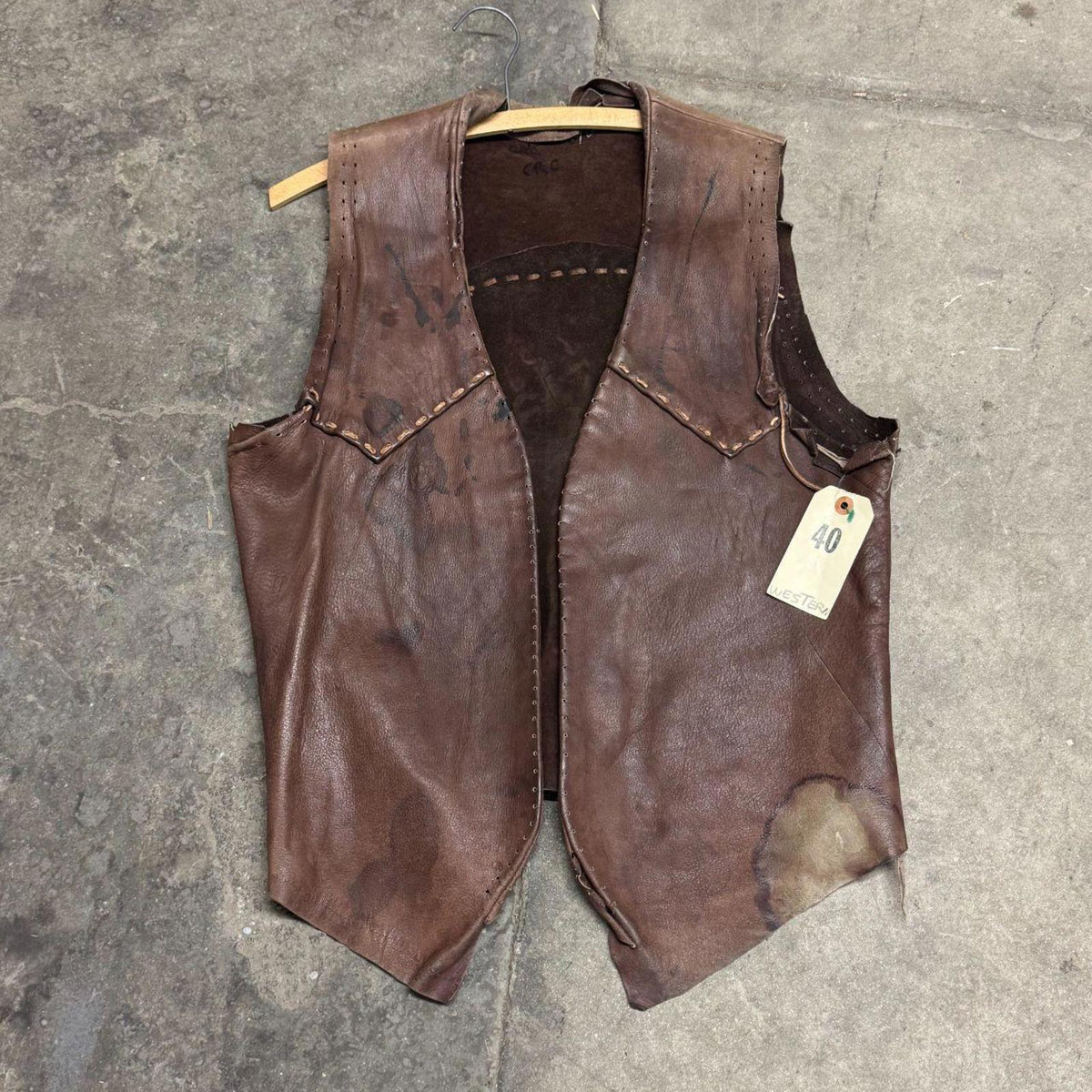 Vintage 60s 70s Leather Western Film Costume Vest Brown Thrashed Distressed