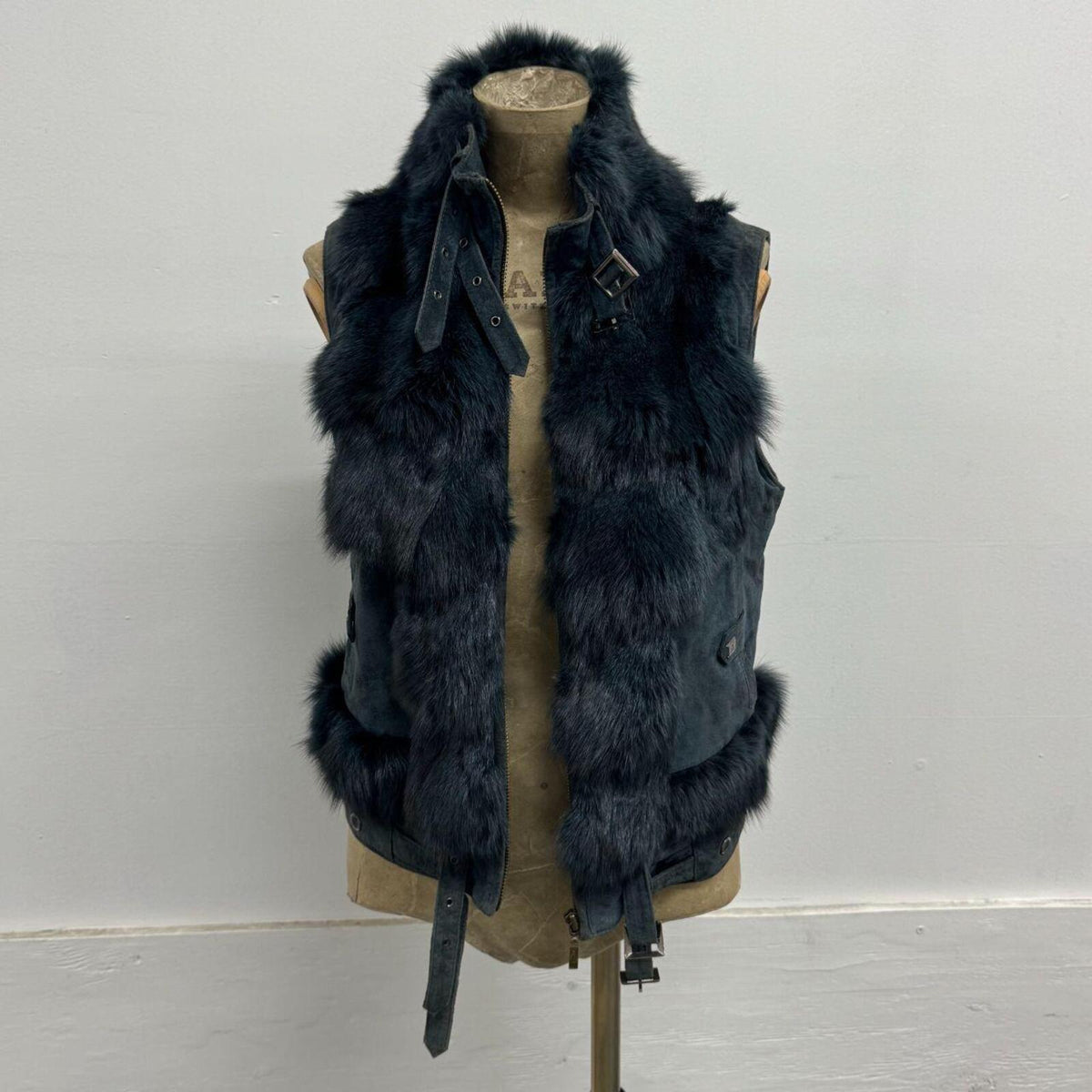 Vintage Y2K Slate Blue Fox Fur & Suede Vest