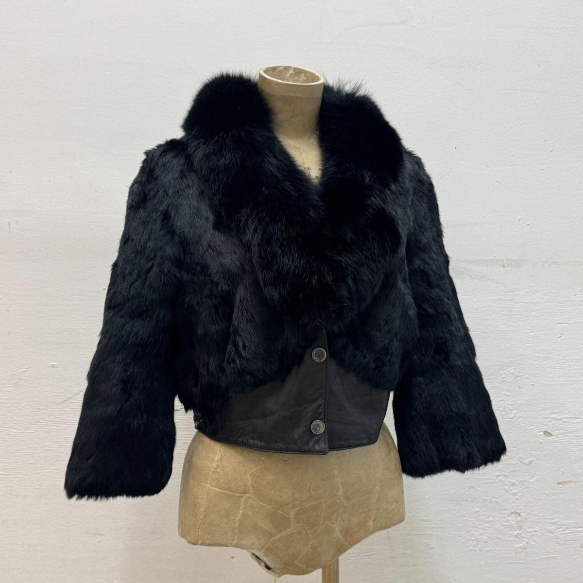 Y2K Vintage Black Rabbit & Fox Fur Leather Crop Jacket Coat