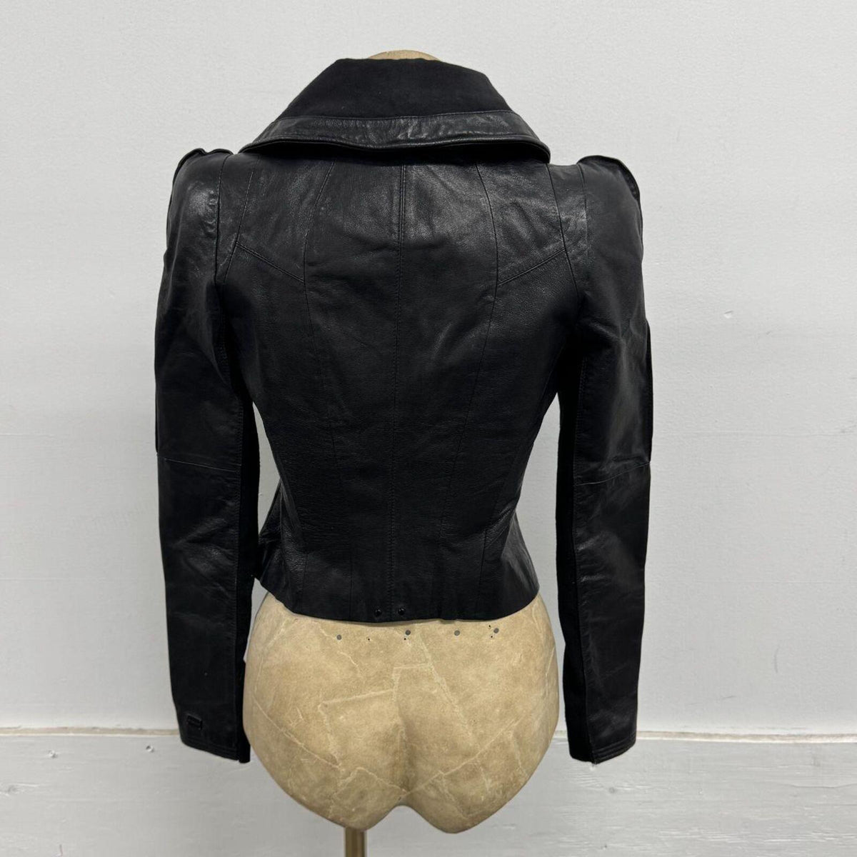 Vintage Black Big Collar Y2K 2010s Avant Garde Leather Jacket