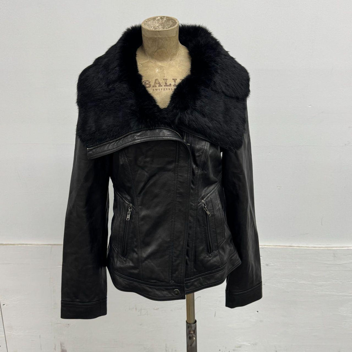 Vintage Black Funnel Rabbit Fur Neck Avant Garde Leather Jacket