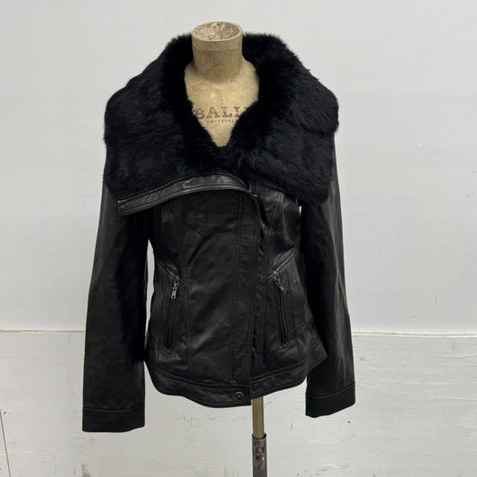 Vintage Black Funnel Rabbit Fur Neck Avant Garde Leather Jacket