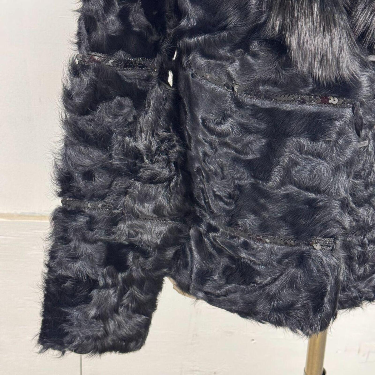 Vintage Black Sheepskin Wool & Fox Fur Coat