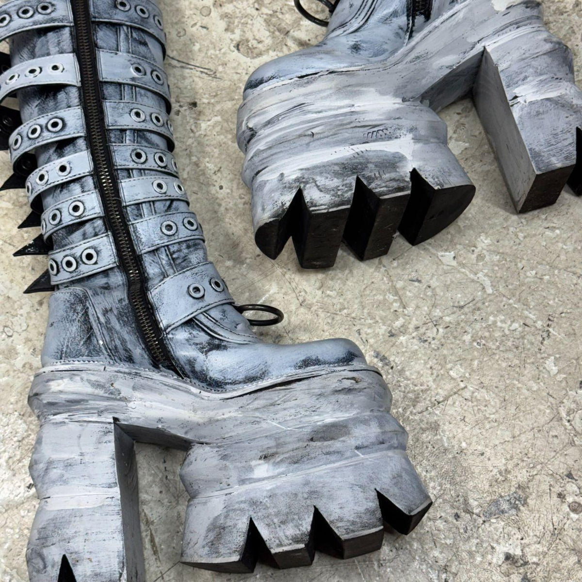 Painted Distressed Cyber-Goth Mega Platform Buckle Knee Boots
