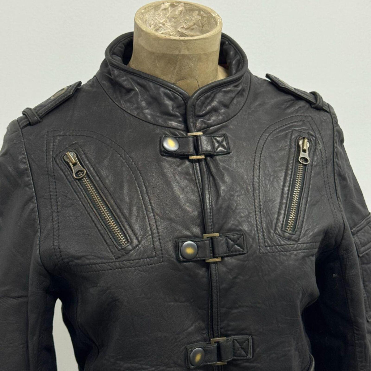 Vintage Black Tactical Utility Military Cargo Avant Garde Leather Jacket