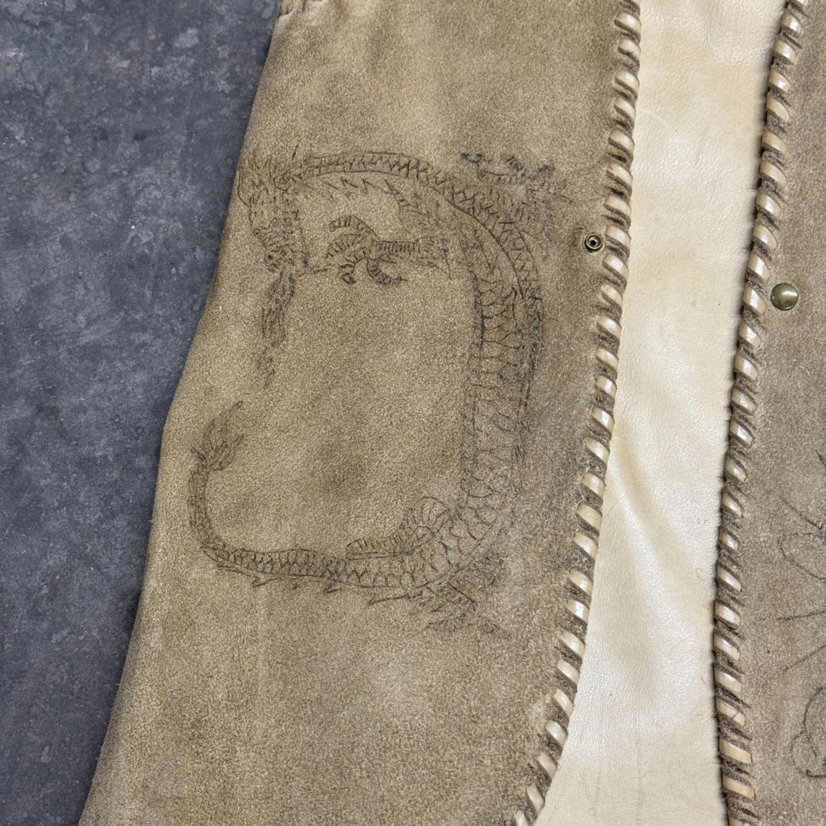Vintage 60s 70s Suede Buckskin Western Film Costume Vest Stenciled Whipstitch