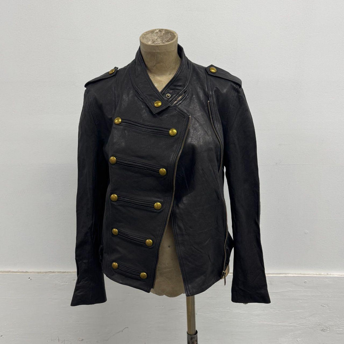 Vintage Black Military Button Marching Band Leather Jacket