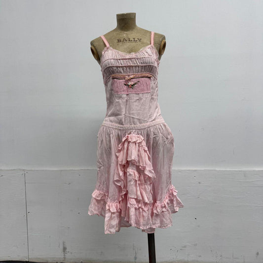 Vintage Y2K Pink 100% Silk Ruffle Mini Dress
