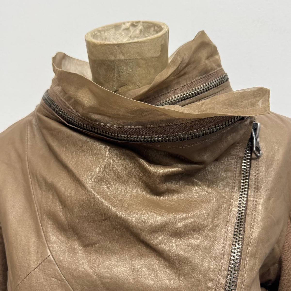 Vintage Brown Funnel Neck Asymmetric Avant Garde Leather Jacket