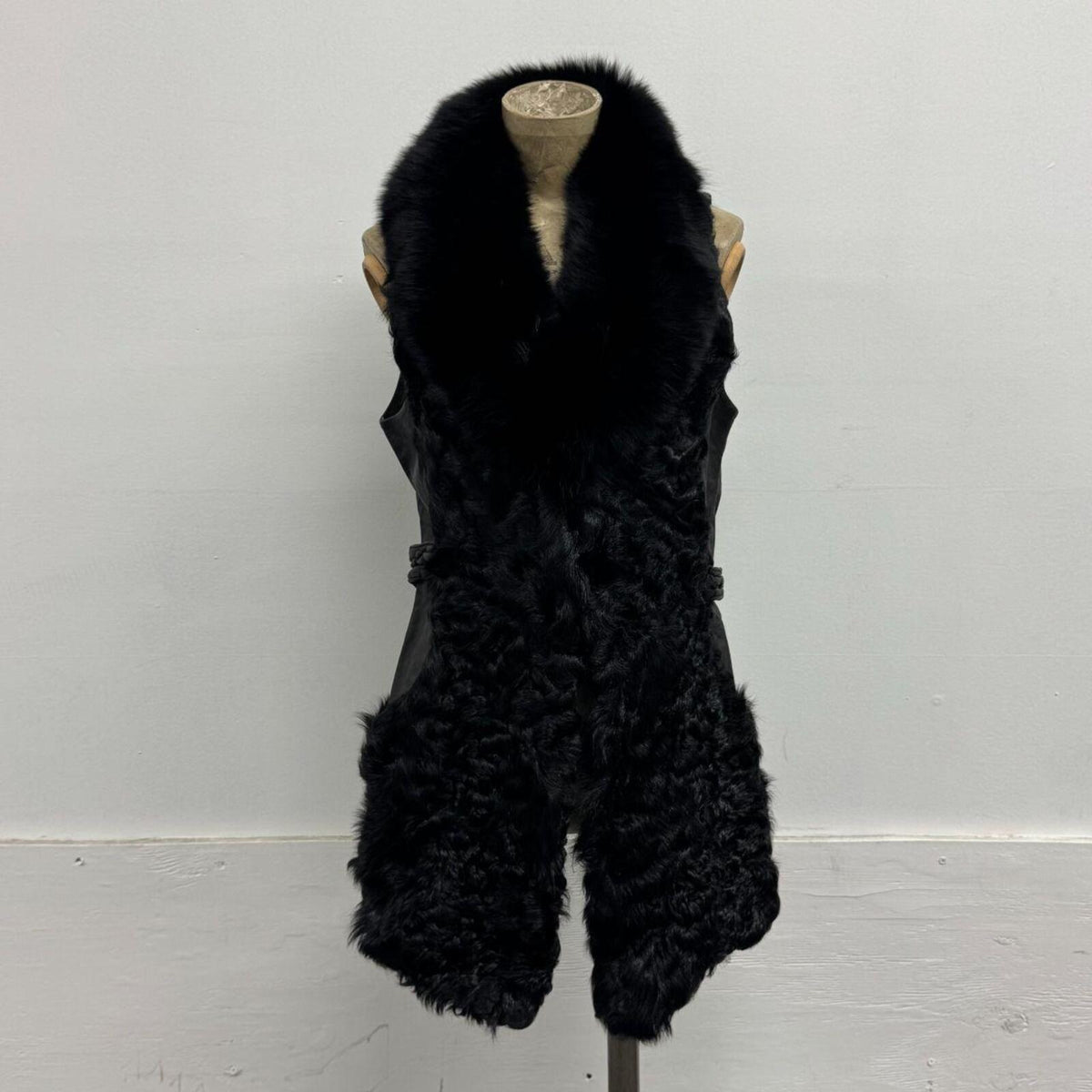 Vintage Black Fox Fur Leather & Curly Wool Vest