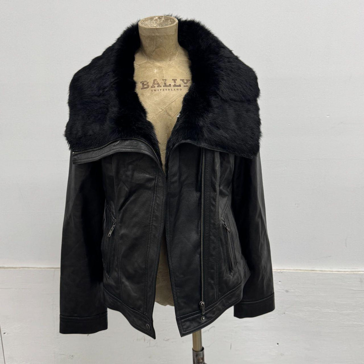 Vintage Black Funnel Rabbit Fur Neck Avant Garde Leather Jacket