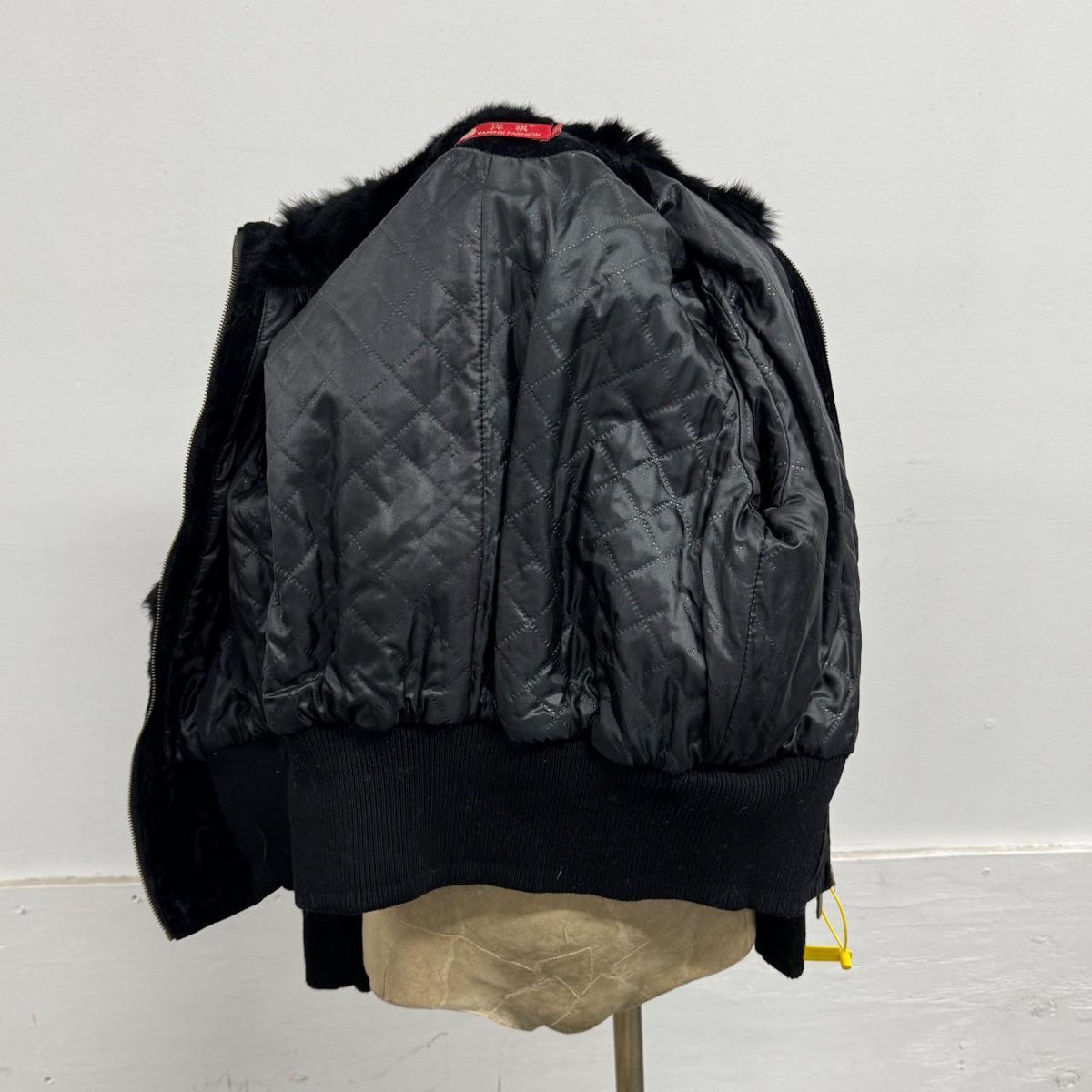 Vintage Y2K Black Plush Rabbit Fur & Velvet Zip-Up Bomber Jacket