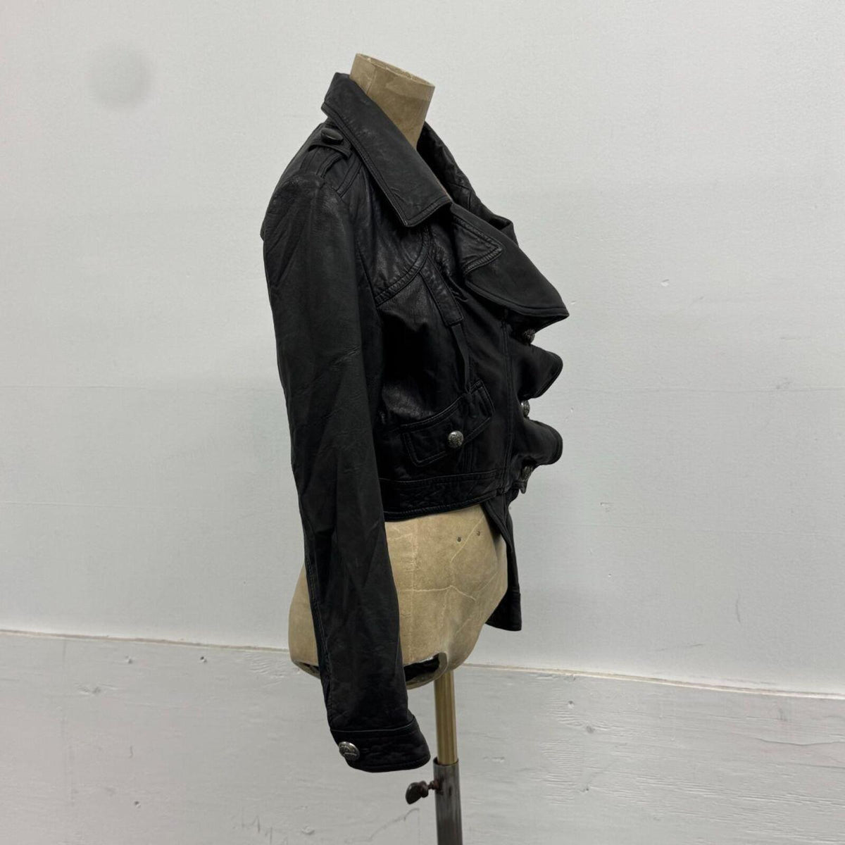 Vintage Black Moto Cropped Asymmetric Avant Garde Leather Jacket