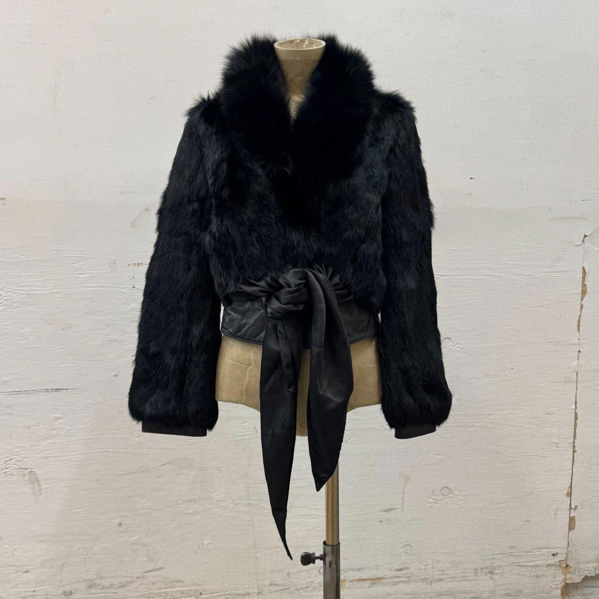 Vintage Y2K Cropped Satin Waist Tie Rabbit Fur & Leather Jacket Coat