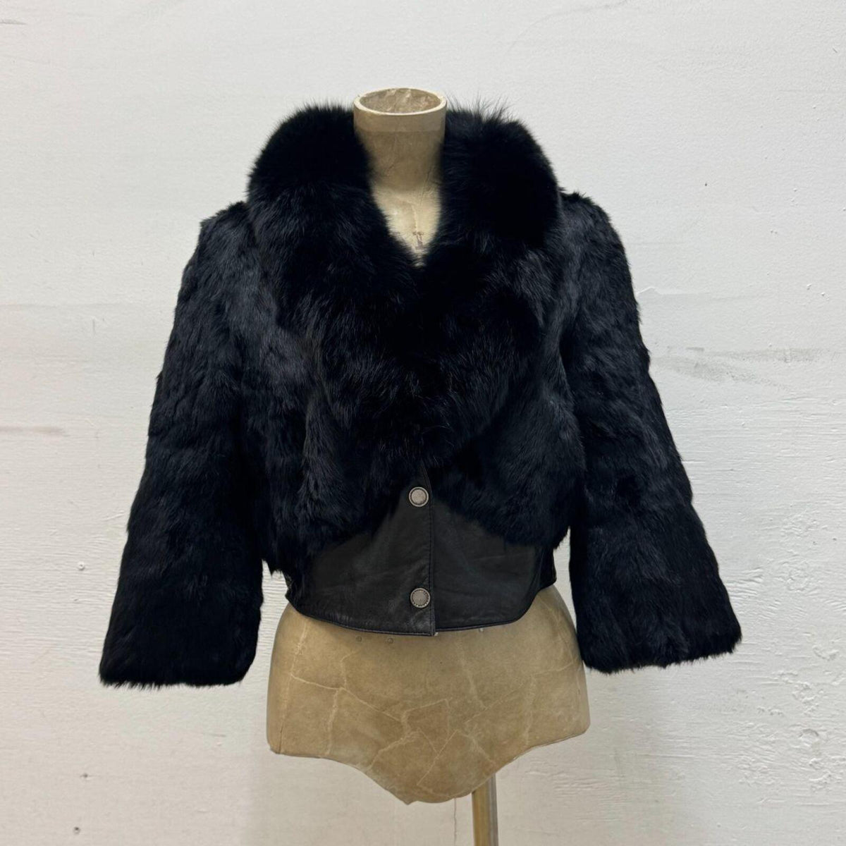 Y2K Vintage Black Rabbit & Fox Fur Leather Crop Jacket Coat