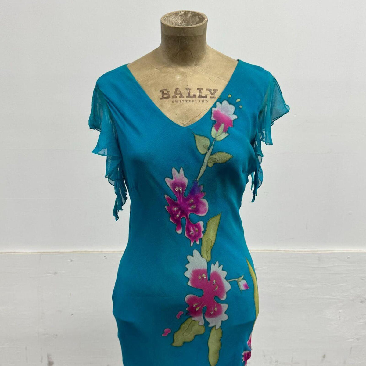 Vintage Y2K Flutter Sleeve Hand-Painted Floral Beaded Silk Maxi Dress