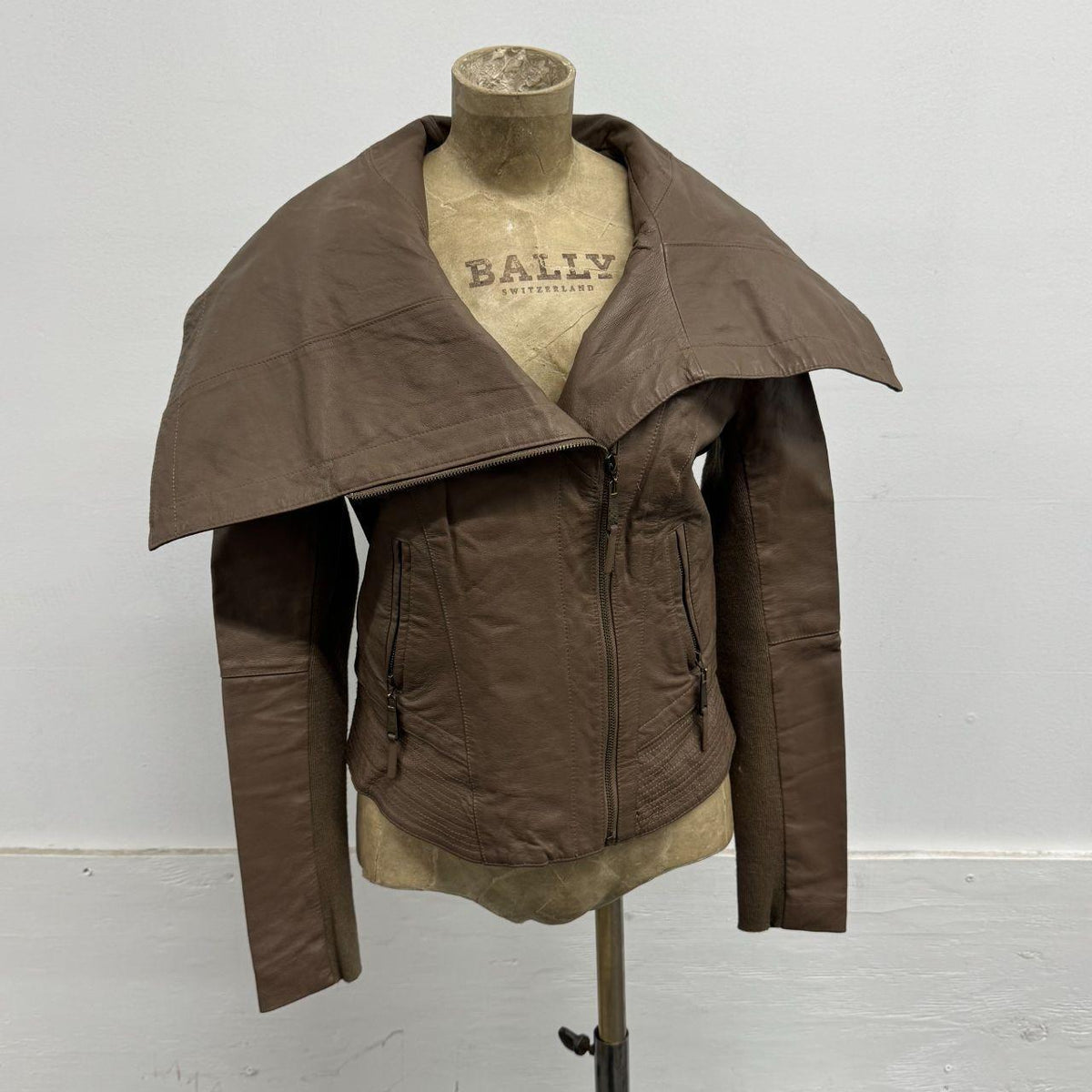 Vintage Brown Funnel Neck Asymmetric Avant Garde Leather Jacket