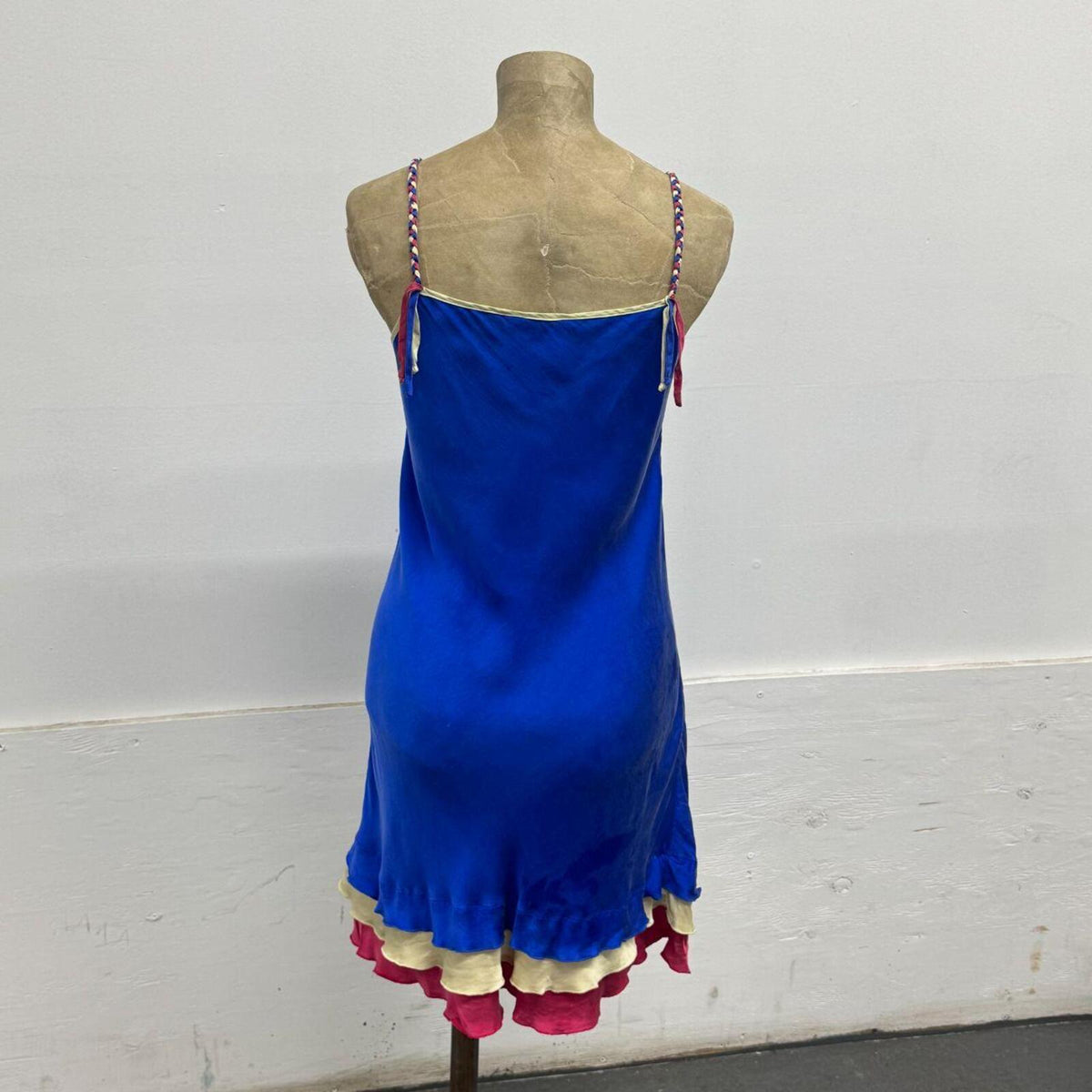 Vintage Y2K Cobalt Blue Silk Triple-Tiered Ruffle Slip Dress