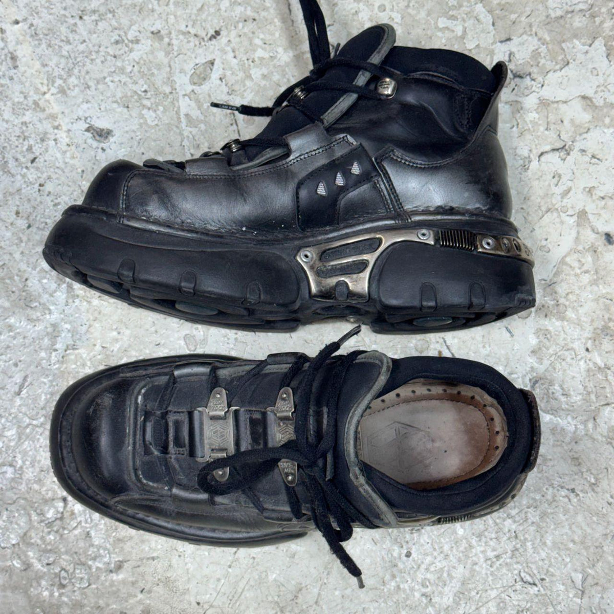 Vintage New Rock Pewter & Black Leather Reactor Platform Sneaker Boots