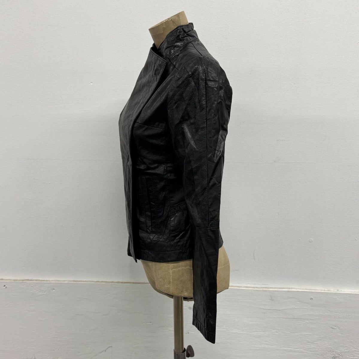 Vintage Black Funnel Neck Asymmetric Avant Garde Leather Jacket