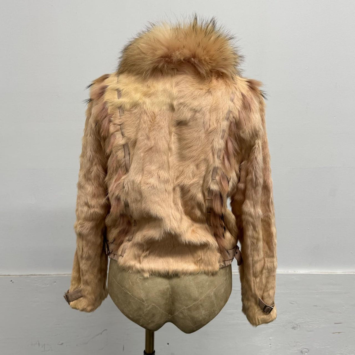 Vintage Y2K Pastel Blush Pink Rabbit Fur Bomber Jacket w Raccoon Fur Coat