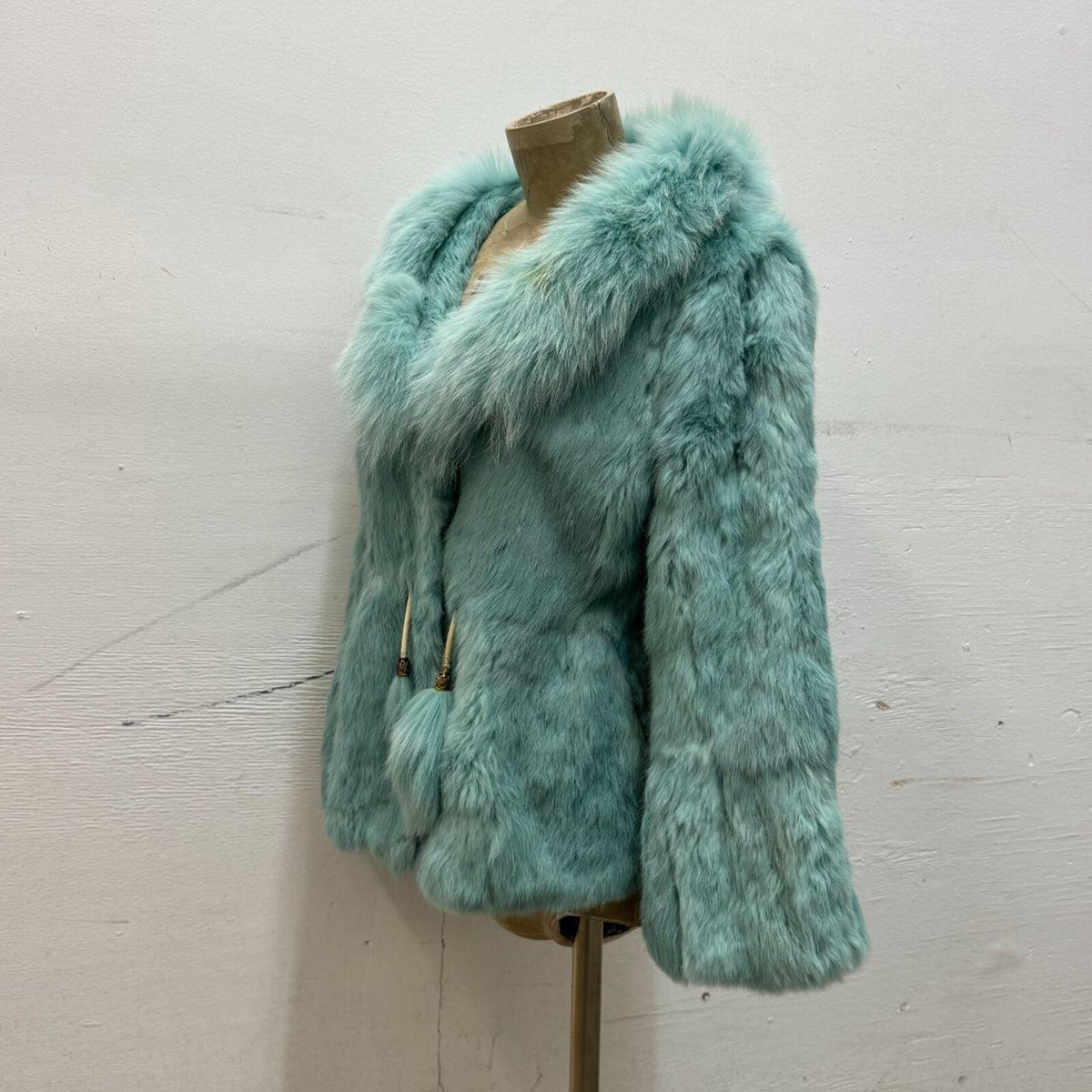 Y2K Vintage Turquoise Blue Rabbit & Fox Fur Pom Pom Jacket Coat