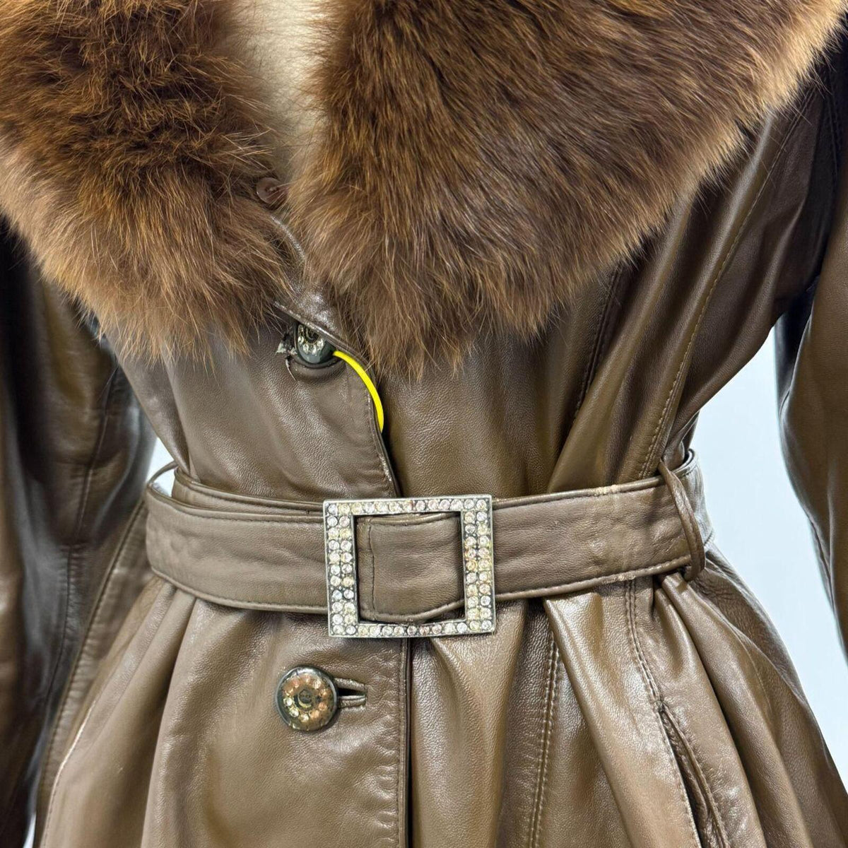 Vintage Y2K Brown Real Leather & Fox Fur "Mob Wife" Trench Coat