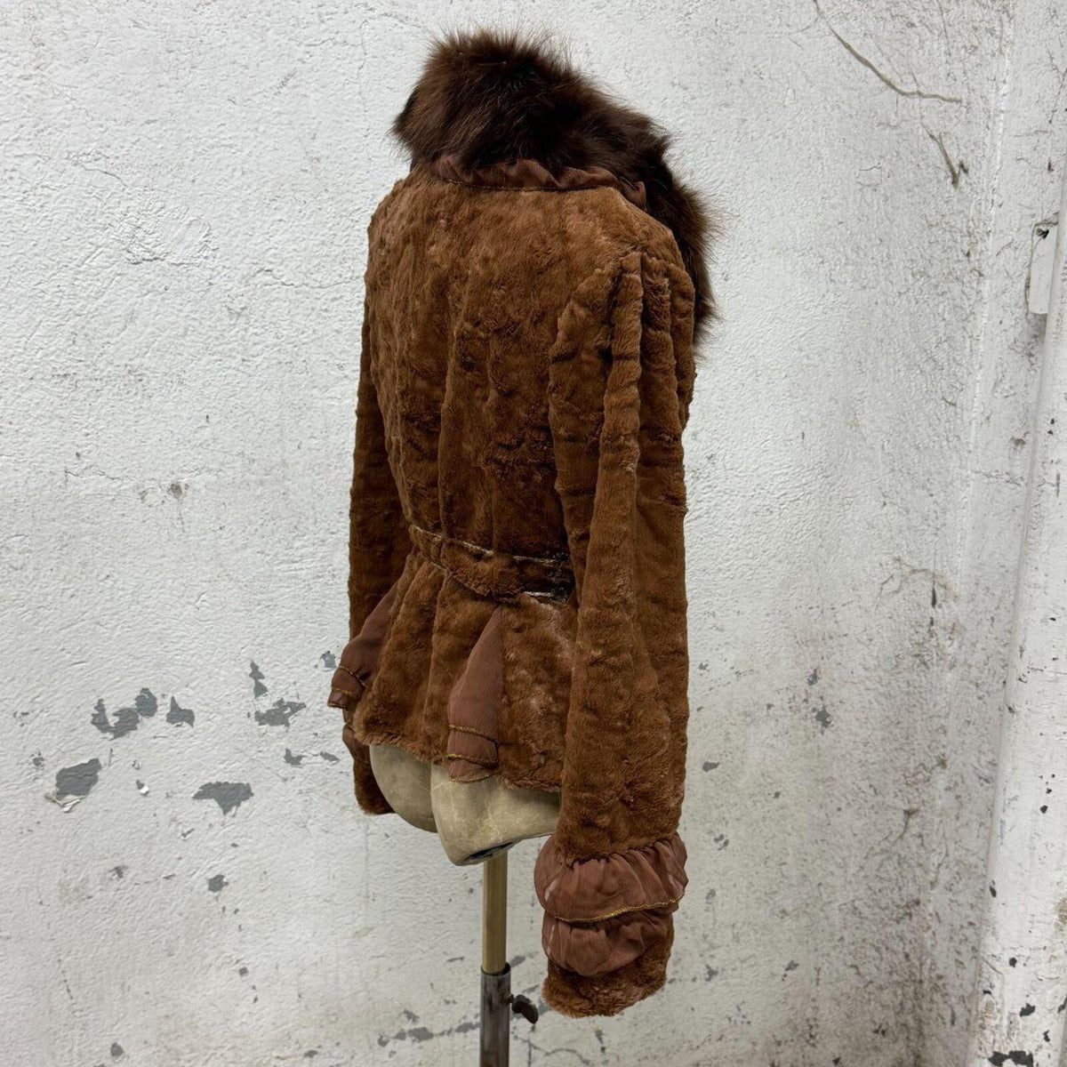 Vintage Brown Rabbit Fur Jacket with Chiffon Panels & Fox Collar Coat