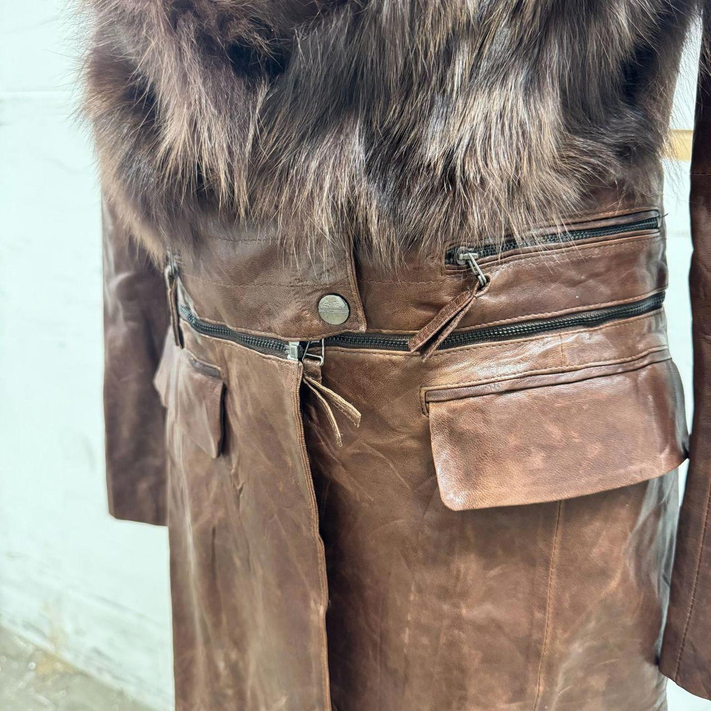Vintage Brown Leather & Fox Fur Detachable Multi-way Statement Coat