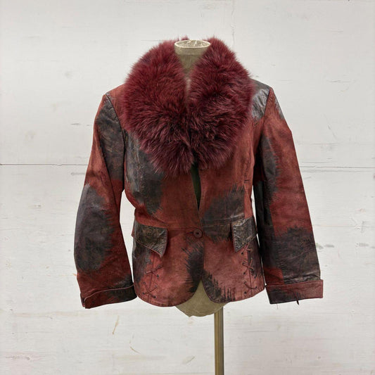 Y2K Vintage Red Patchwork Suede Moto Jacket Fox Fur Collar