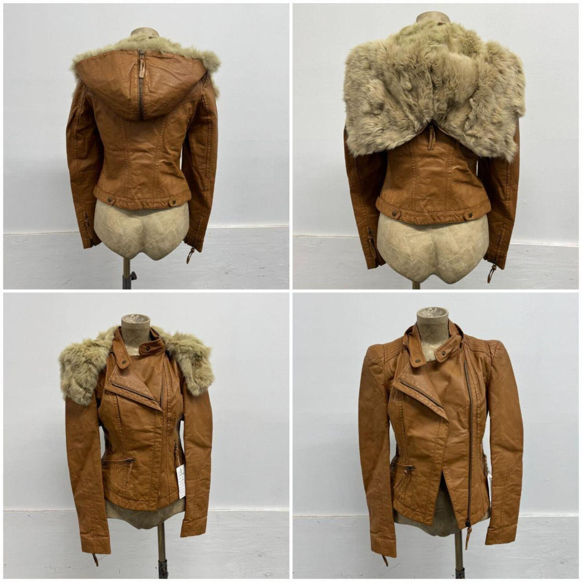 Vintage Tan Rabbit Fur Split Hood Multi-wear Asymmetrical Leather Jacket