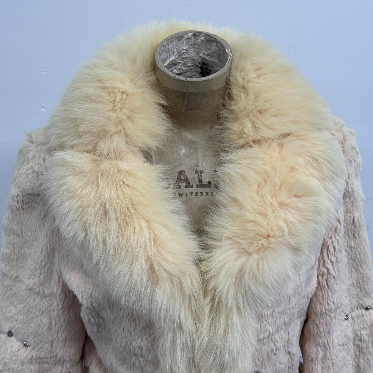 Vintage Y2K Cream Peach Rabbit & Fox Fur Jacket w Rhinestone Details Coat