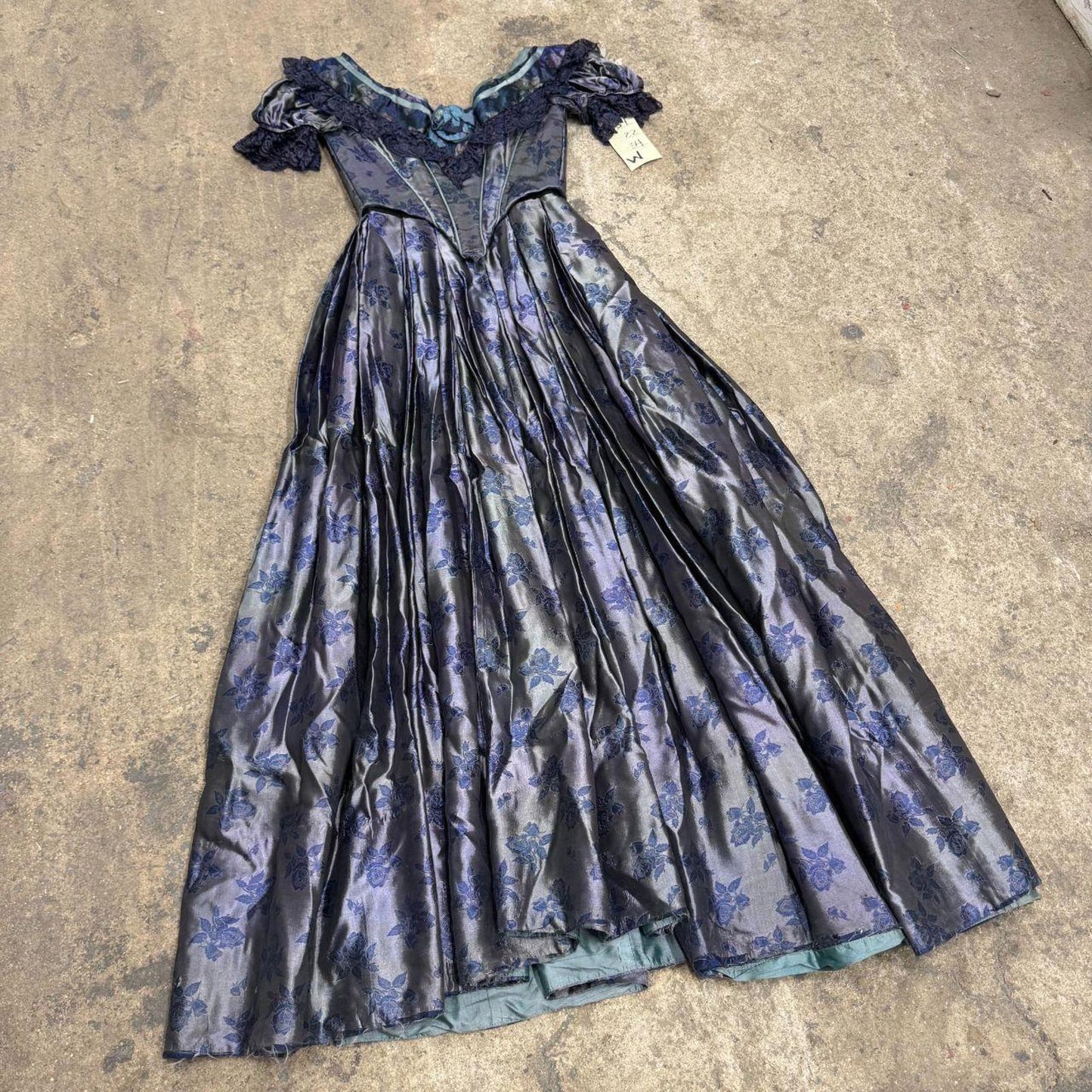 50s Vintage Iridescent Blue Floral Silk Victorian 1800s Style Gown Film Costume