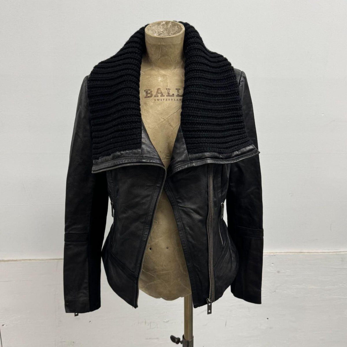 Vintage Black Funnel Neck Knit Collar Avant Garde Leather Jacket