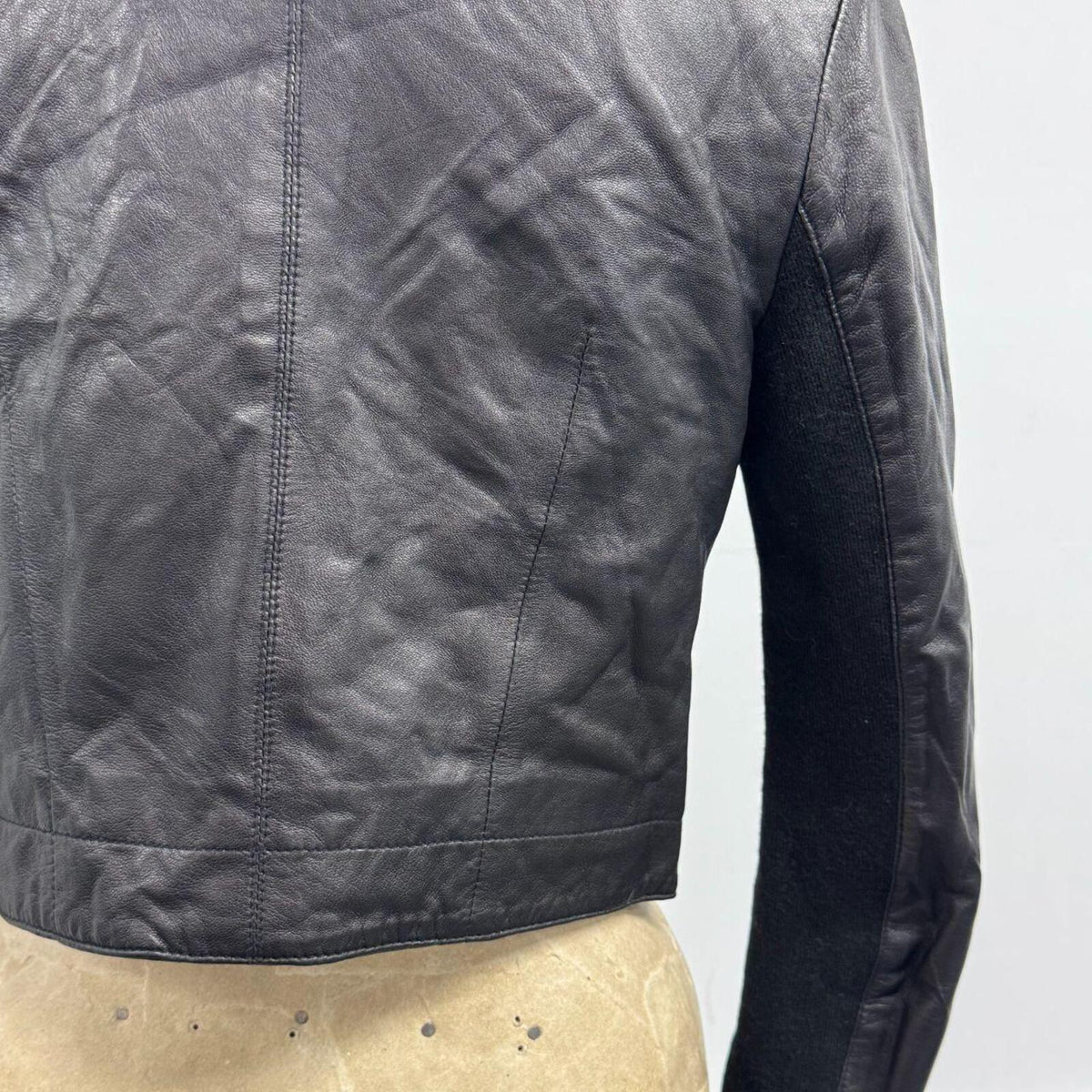 Vintage Black Funnel Neck Asymmetric Crop Avant Garde Leather Jacket