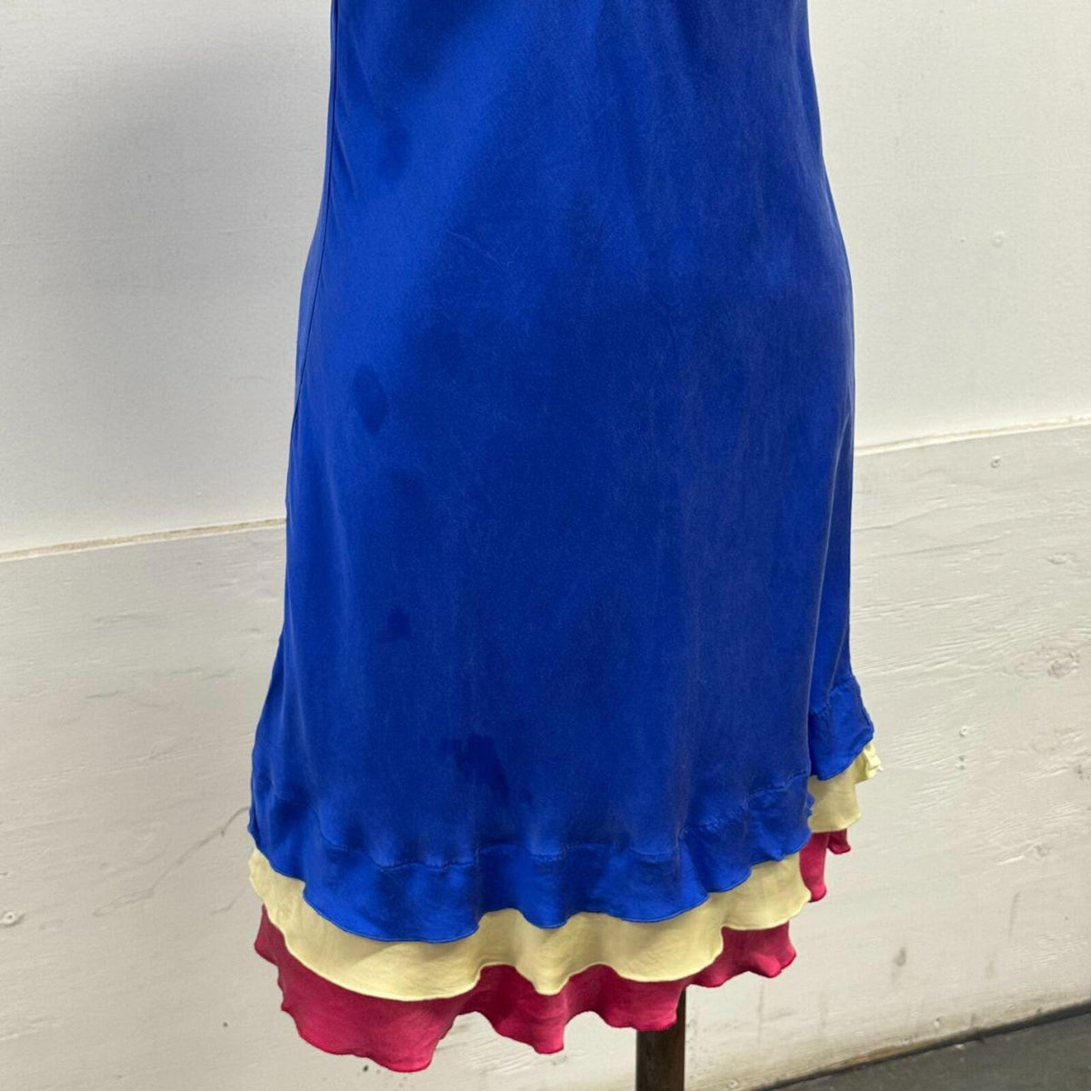 Vintage Y2K Cobalt Blue Silk Triple-Tiered Ruffle Slip Dress