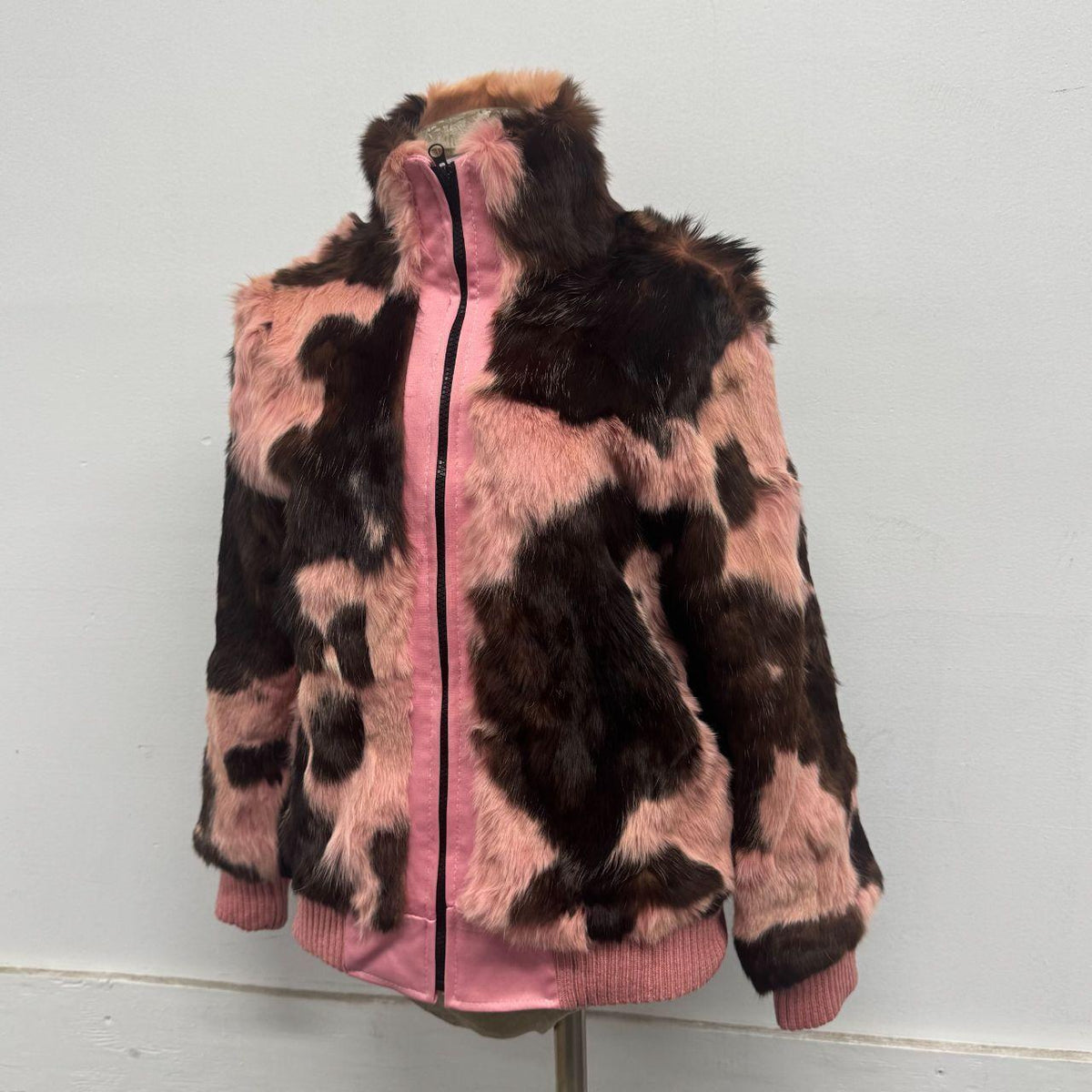 Vintage Y2K Pink Cow Print Rabbit Fur Jacket