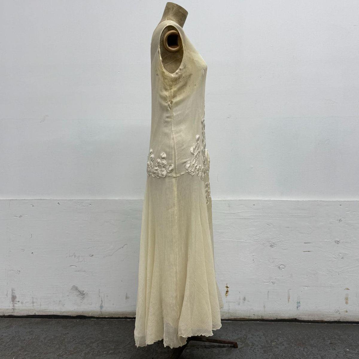 Antique 20s Flapper Drop-Waist Silk Chiffon & Ribbonwork Wedding Gown