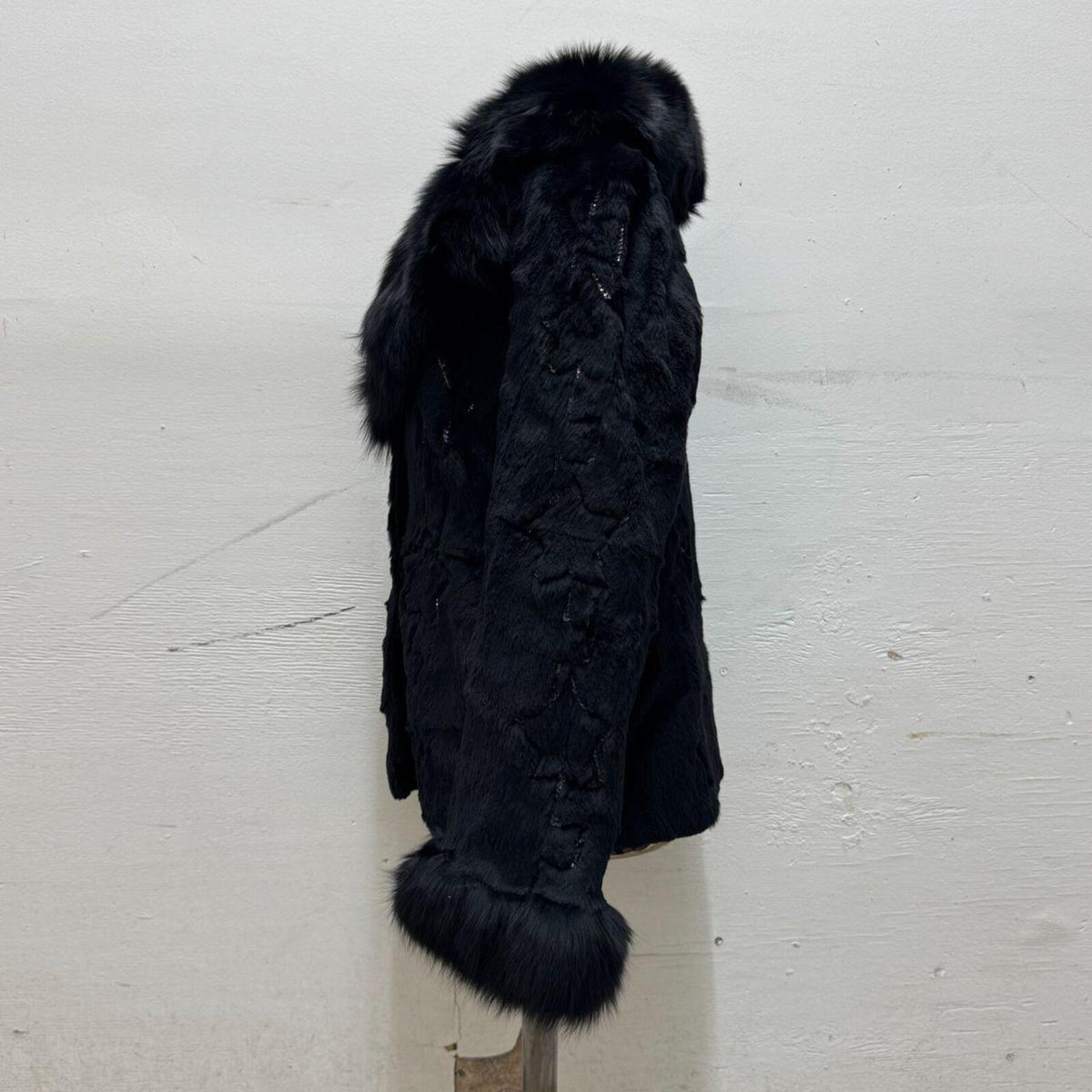 Y2K Vintage Black Rabbit & Fox Fur Jacket Star Sequin Detail Coat